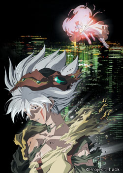 Cover image of dot hack sign featuring Tsukasa, Aura, and a cityscape
