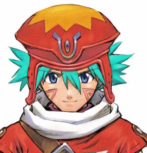 "Portrait of Kite, a young man with green hair and orange clothing. He has two triangular wave tattoos on his face."
